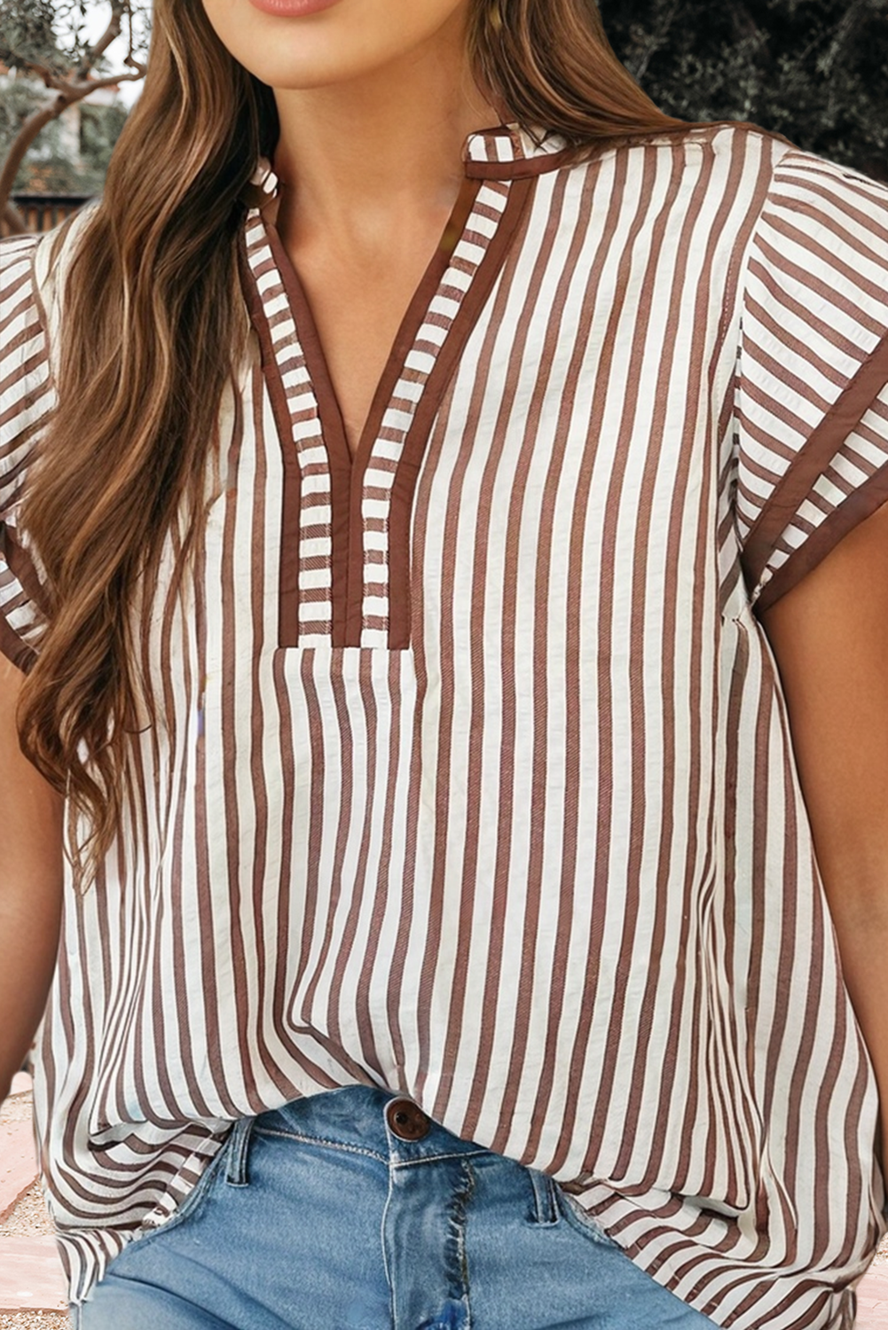 Stripe Double Ruffled Short Sleeve V Neck Blouse