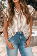 Stripe Double Ruffled Short Sleeve V Neck Blouse