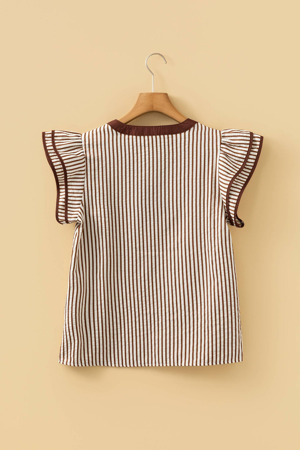 Stripe Double Ruffled Short Sleeve V Neck Blouse