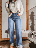 Women Retro Turn-Up Hem Wide-Leg Front Seam Jeans