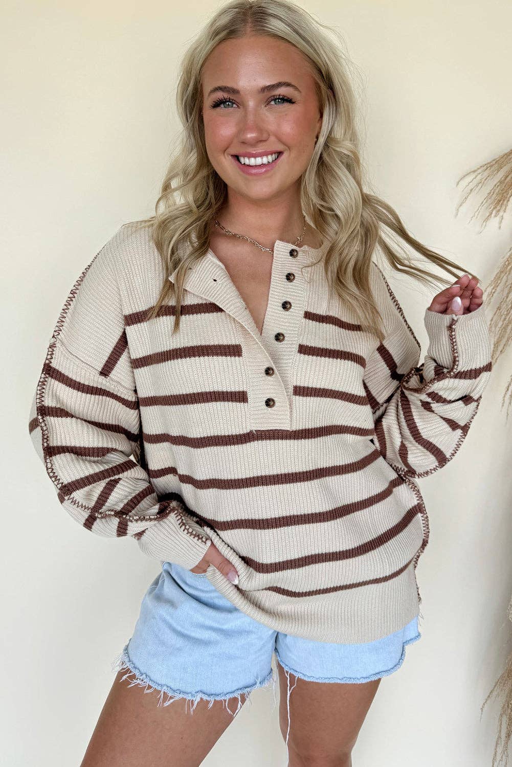 Brown Stripe Ribbed Henley Sweater