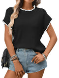 Crochet Trim Short Sleeve Knit Top For Women Summer Casual - Black