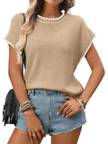 Crochet Trim Short Sleeve Knit Top For Women Summer Casual - Khaki