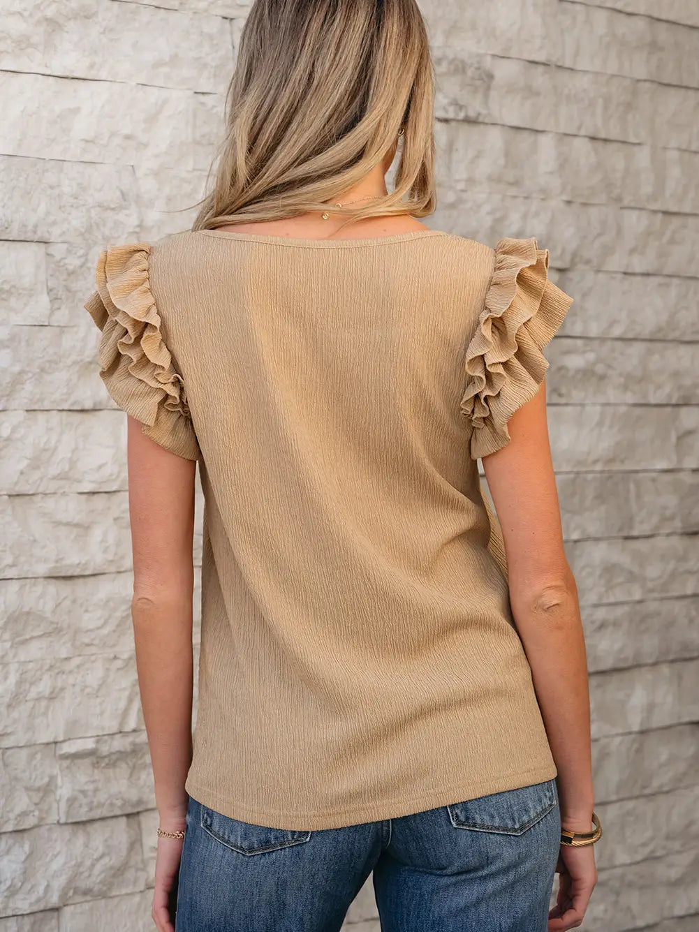 Ruffled Tiered Sleeve Square Neck Textured Top
