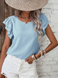 Solid Color Ruffled Short Sleeve Casual Blouse - Mist Blue