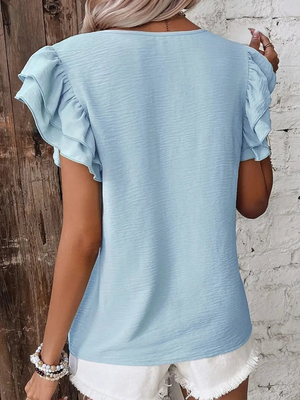 Solid Color Ruffled Short Sleeve Casual Blouse - Mist Blue