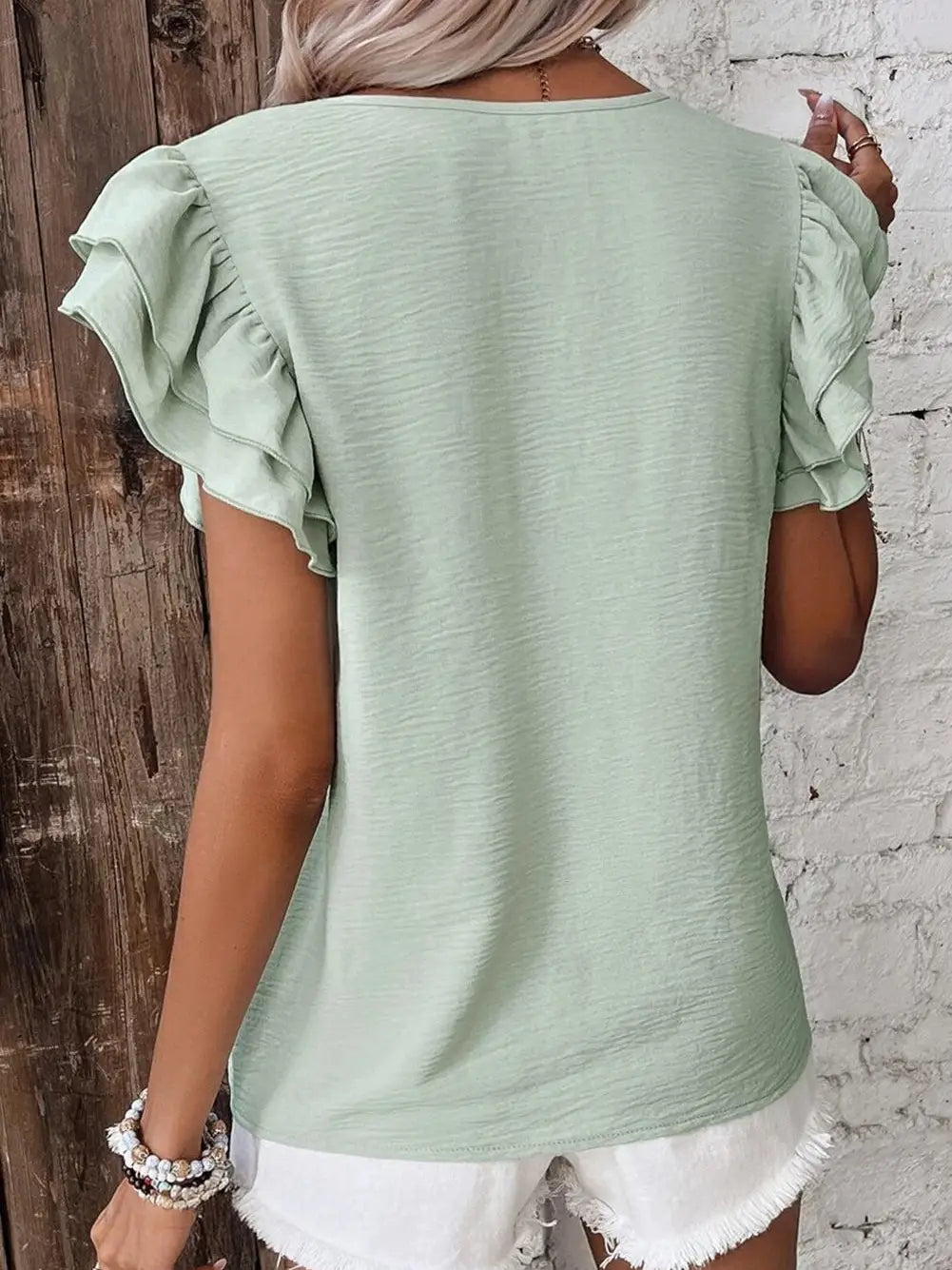 Solid Color Ruffled Short Sleeve Casual Blouse - Clearly Aqua