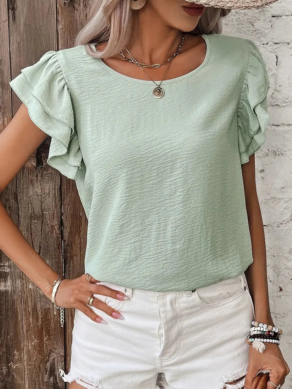 Solid Color Ruffled Short Sleeve Casual Blouse - Clearly Aqua