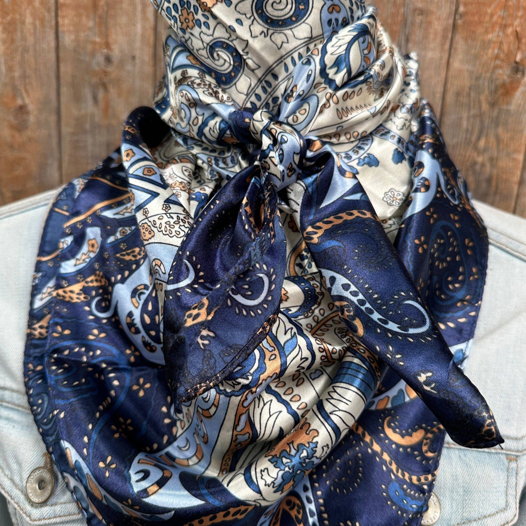 Blue, Cream and Tan Paisley Wild Rag - Western Scarf