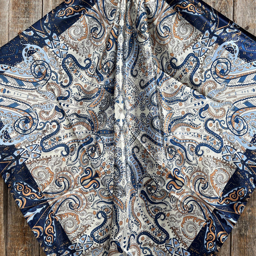Blue, Cream and Tan Paisley Wild Rag - Western Scarf